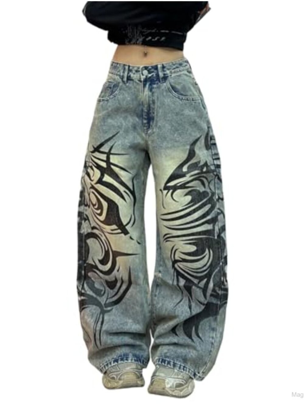 Womens Wide Leg Baggy Jeans with Digital Print Y2K Streetwear Cotton Blend Plus
